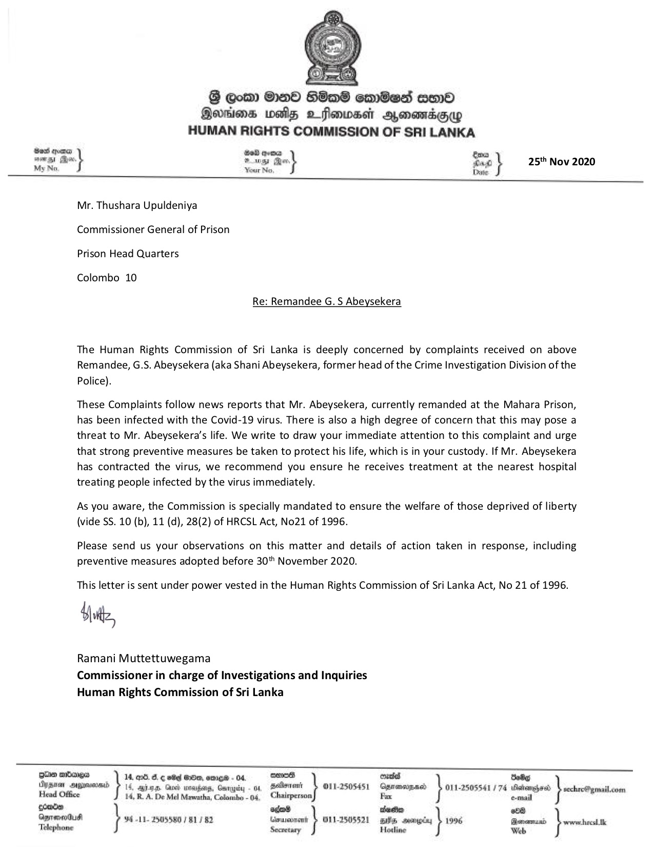 HRCSL Letter to Commissioner General of Prions 25 Nov 2020 1